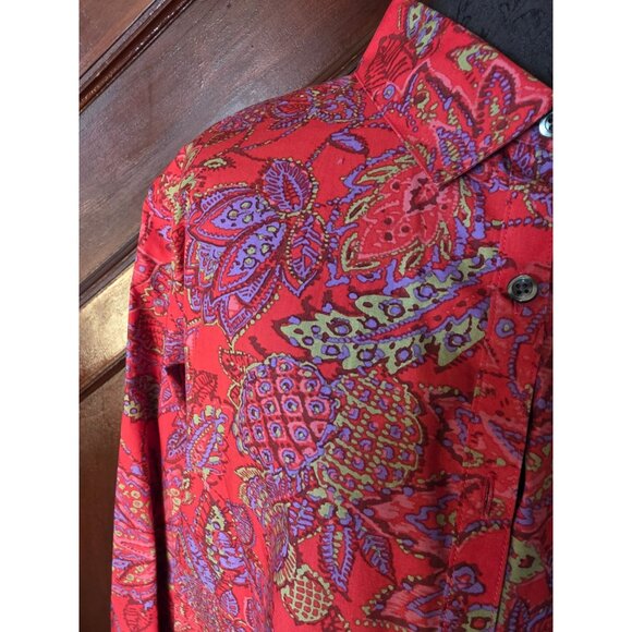 Lands End Womens No Iron Supima Cotton Shirt Size 18 Red Paisley Long Sleeve - Picture 2 of 7